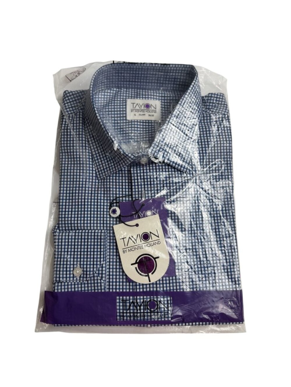 Tayion NEW Blue White Gingham Dress Shirt 17-17.5 - 34-35 Business Preppy